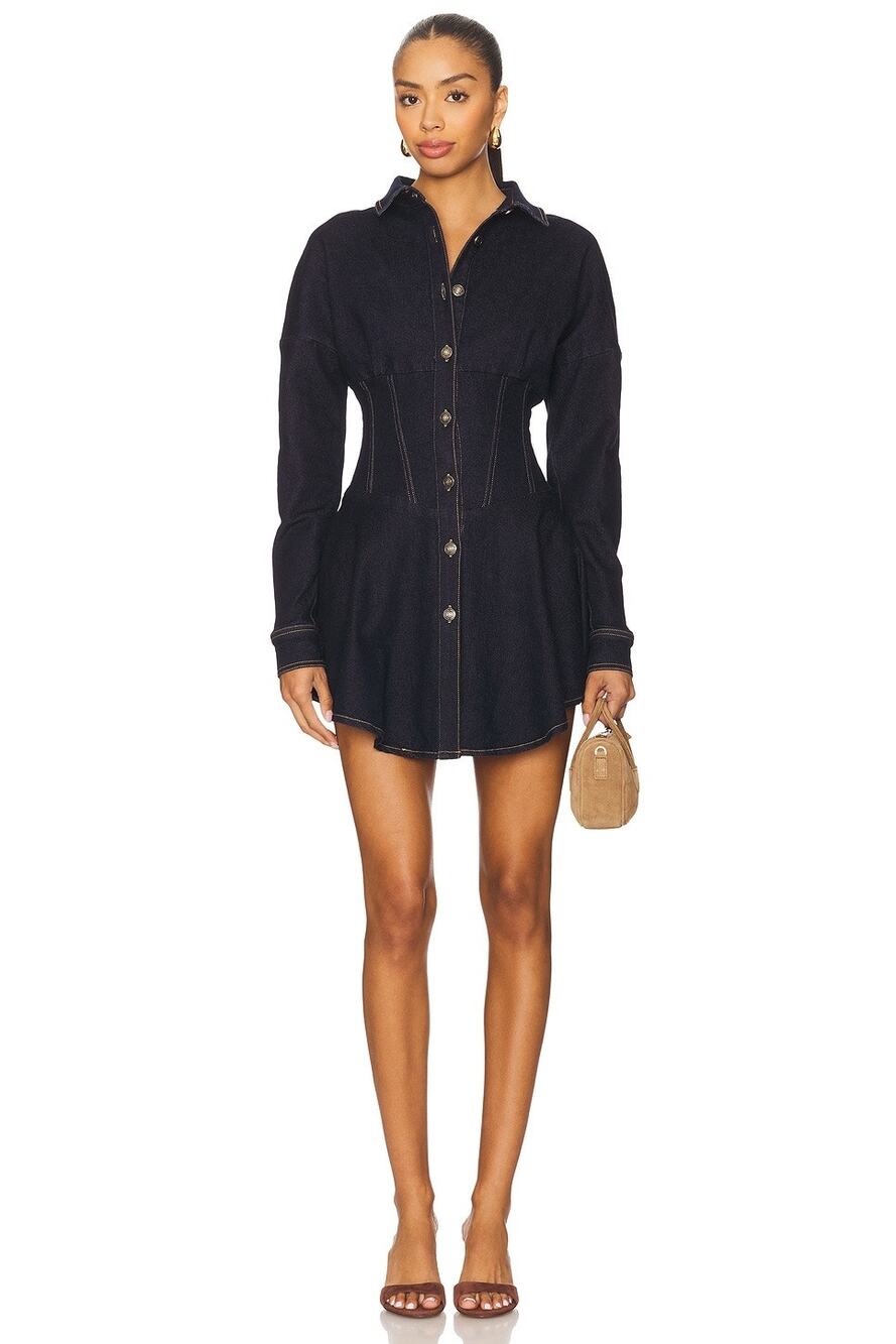 OW Collection Ella Dark Wash Denim Shirt Dress Snap Front NWT Size M